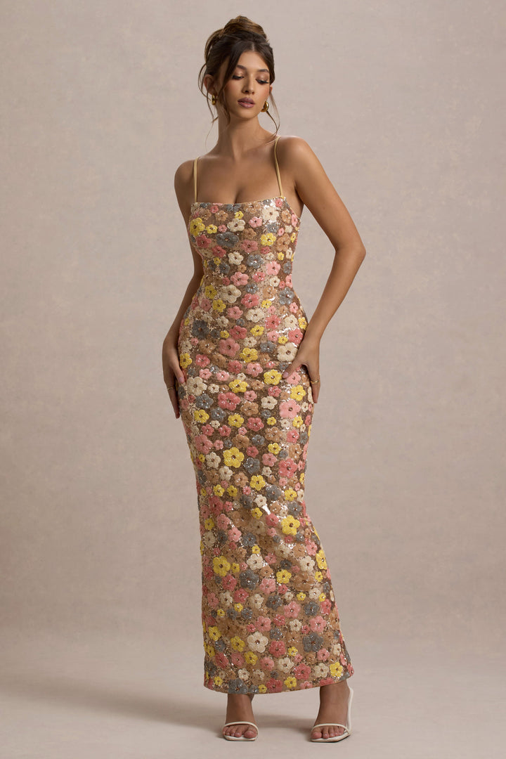 Women multi-color floral sequin maxi dress with square neckline and split hem, front angle.