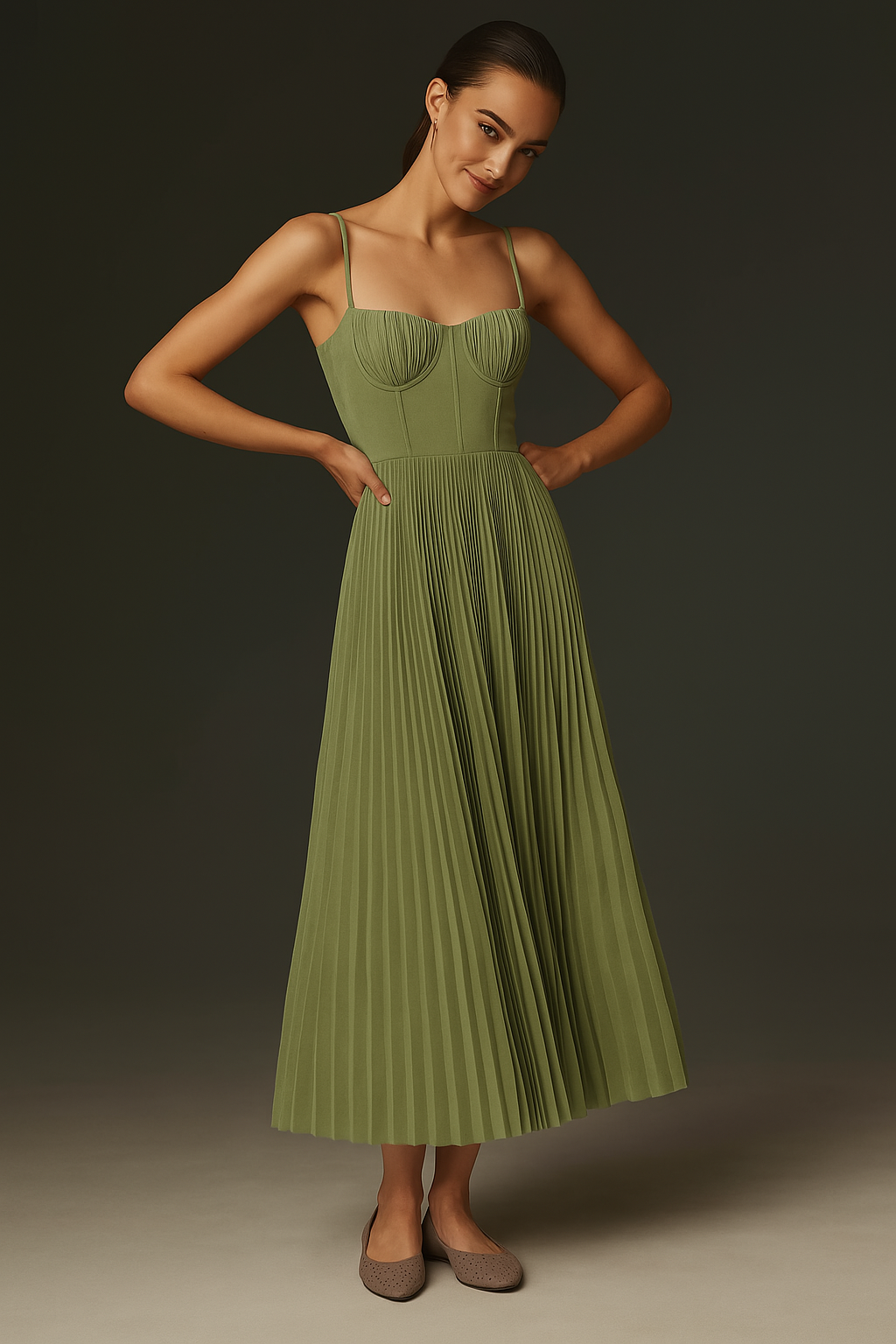 Women green pleated midi dress with bustier top and square neckline, front view