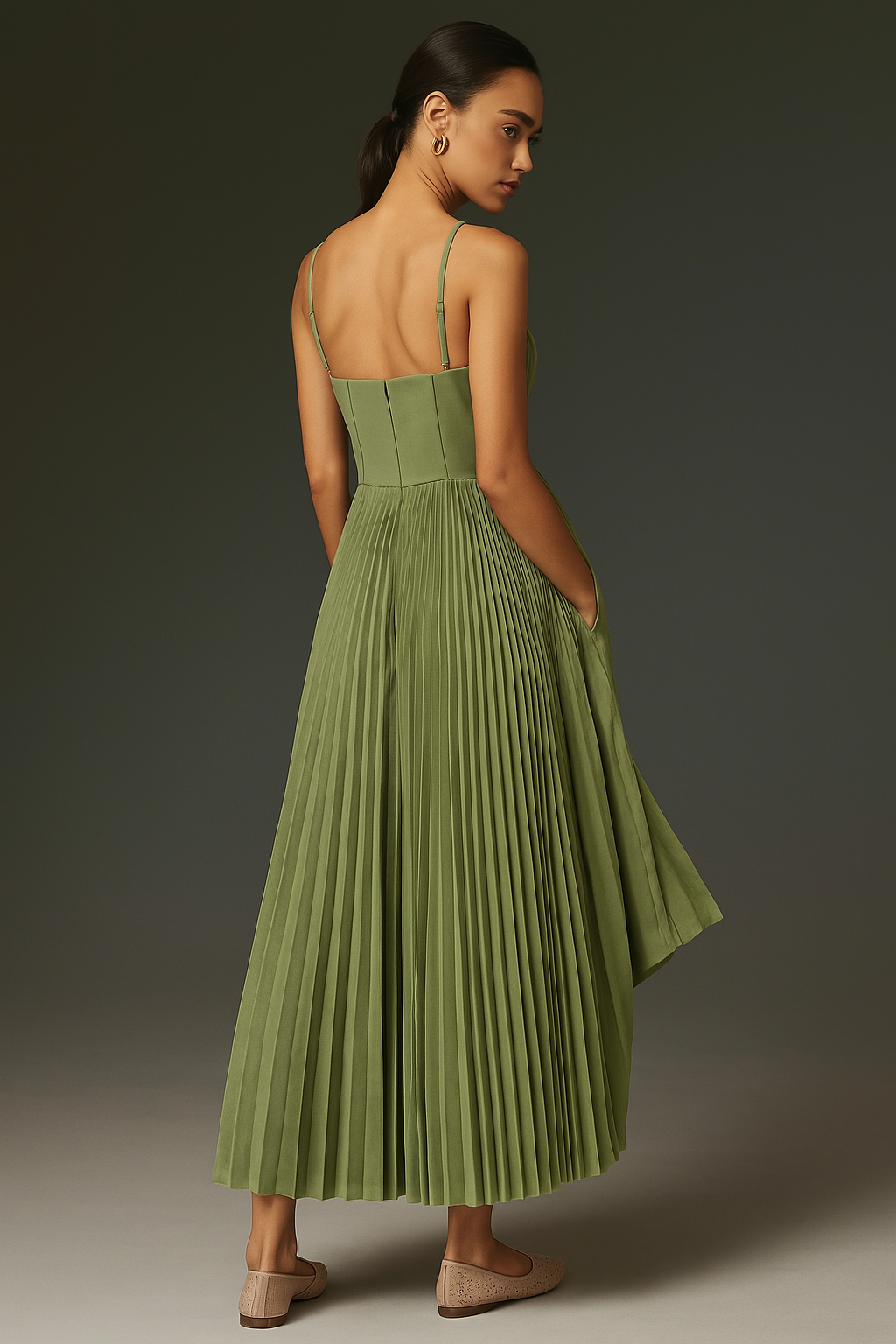 Women green pleated midi dress with spaghetti straps and pockets, back view