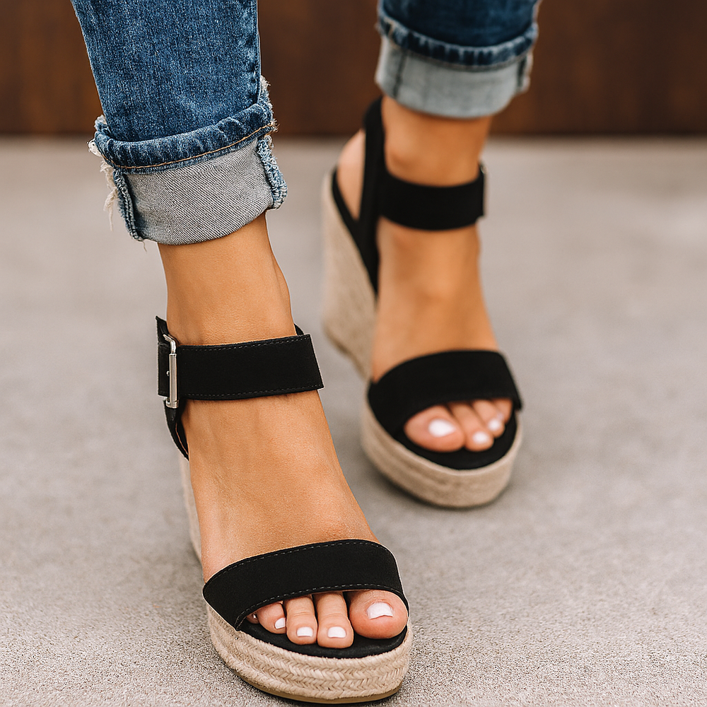 Women black open toe wedge sandals with buckled ankle strap and espadrille platform top view