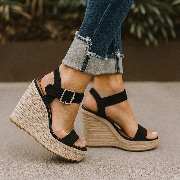 Women black espadrille wedge sandals with buckled ankle strap and wide toe strap side view