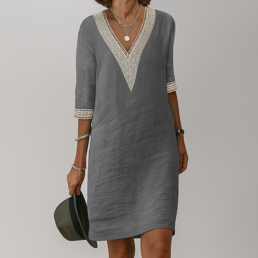 Women gray V neck mini dress with crocheted trim, three-quarter sleeves, front view