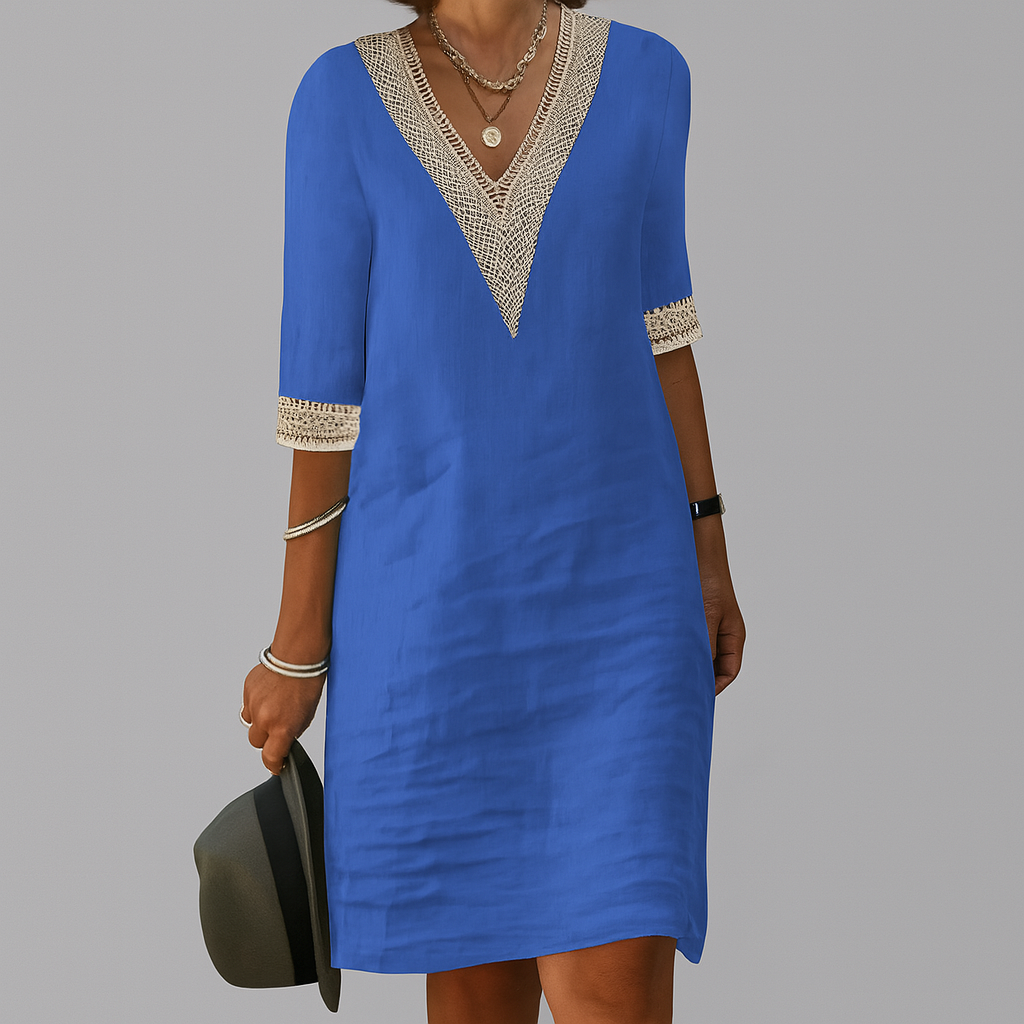 Women blue mini dress with V-neckline and crocheted trim on sleeves, front view