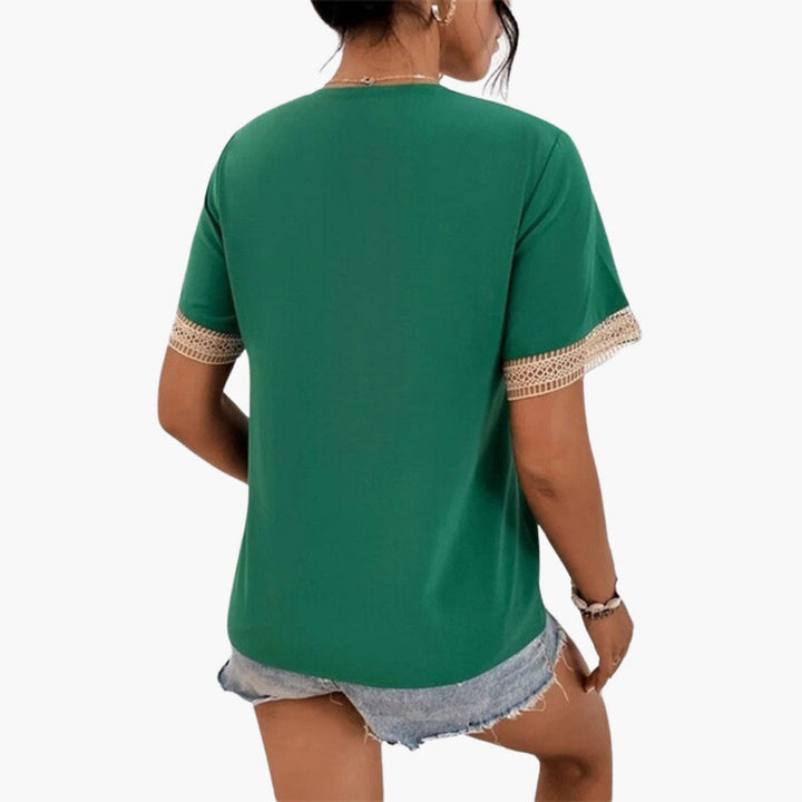 Women Spring Elegant Lace Trim V-Neck Short Sleeve Blouse