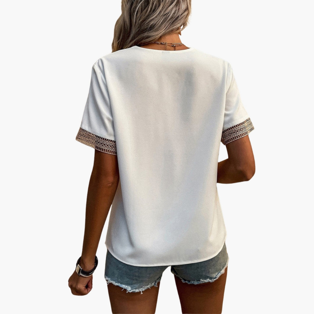 Women Spring Elegant Lace Trim V-Neck Short Sleeve Blouse