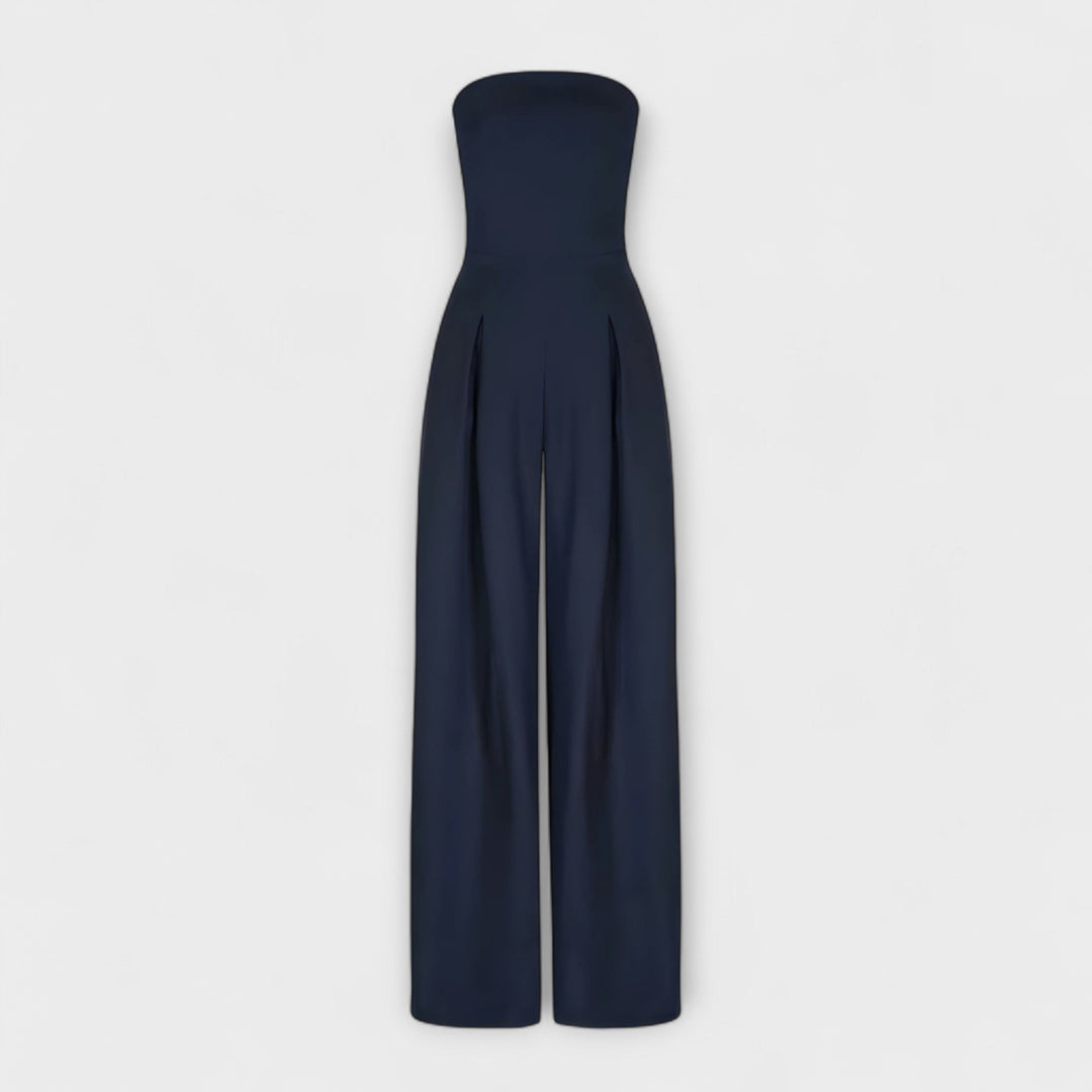 Navy strapless wide leg jumpsuit with pleated waist, full garment view