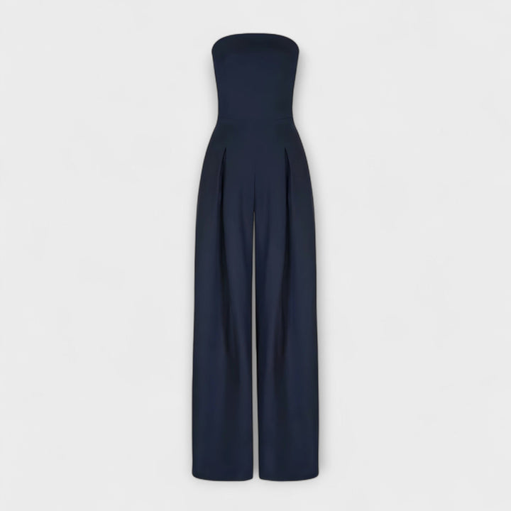 Navy strapless wide leg jumpsuit with pleated waist, full garment view