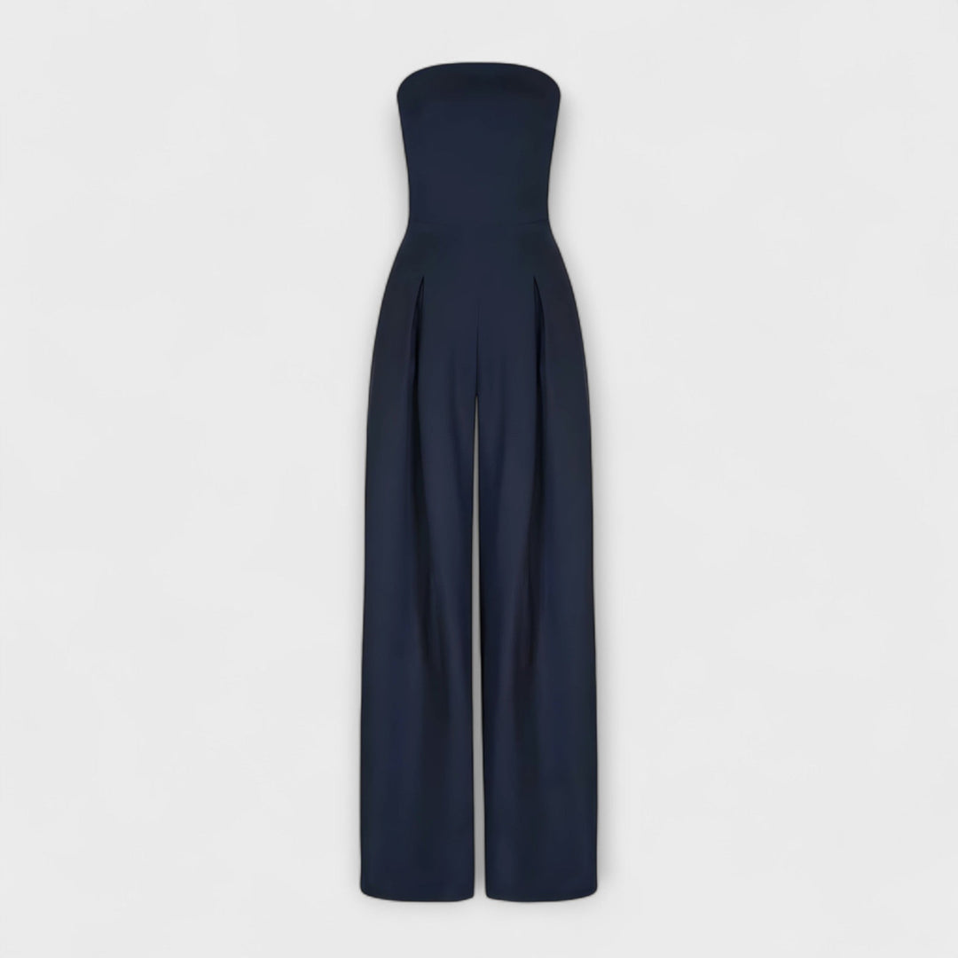 Navy strapless wide leg jumpsuit with structured pleats, flat lay front view