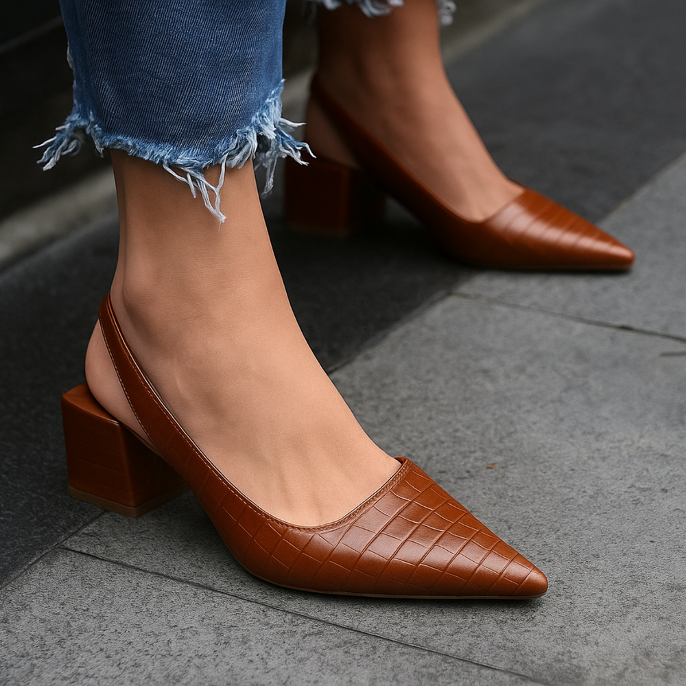 Women tan crocodile embossed pointed toe slingback heels with block heel worn with jeans