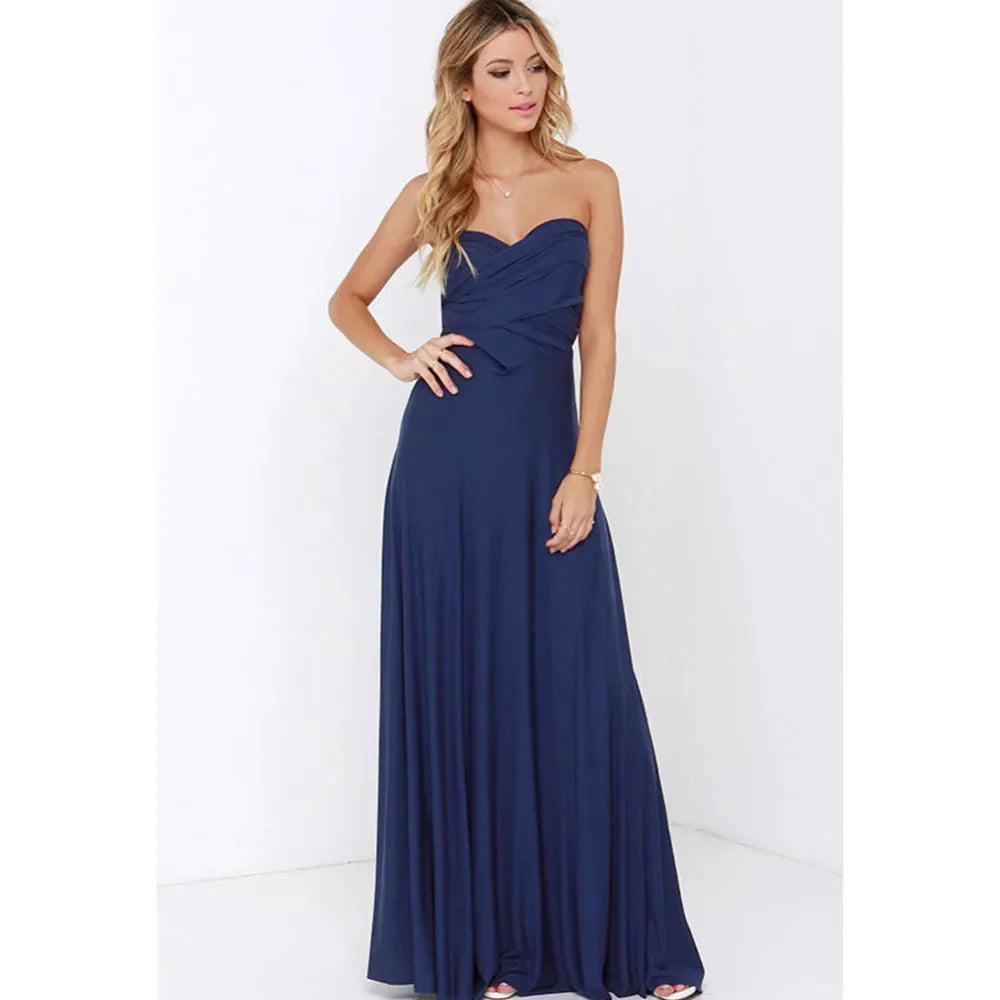 Women navy multi-way maxi dress worn strapless with a sweetheart neckline and wrapped bodice