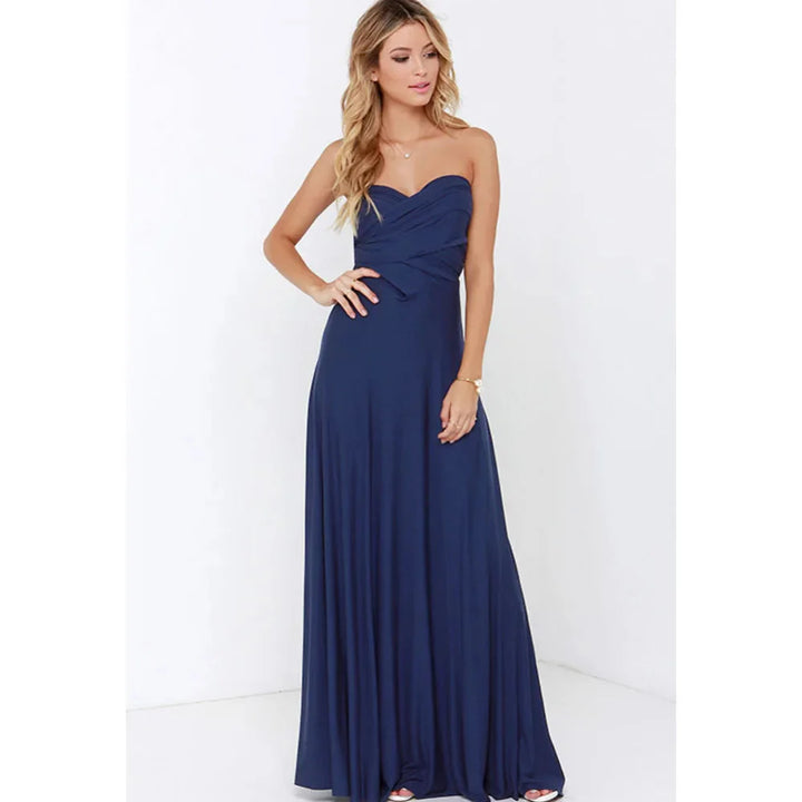 Women navy multi-way maxi dress worn strapless with a sweetheart neckline and wrapped bodice
