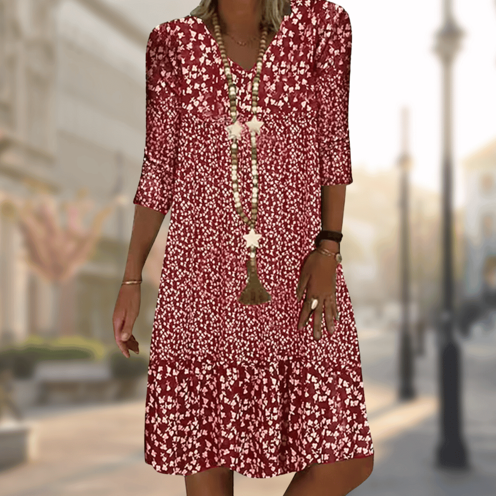 Women red floral print V-neck short sleeve midi dress with tiered skirt