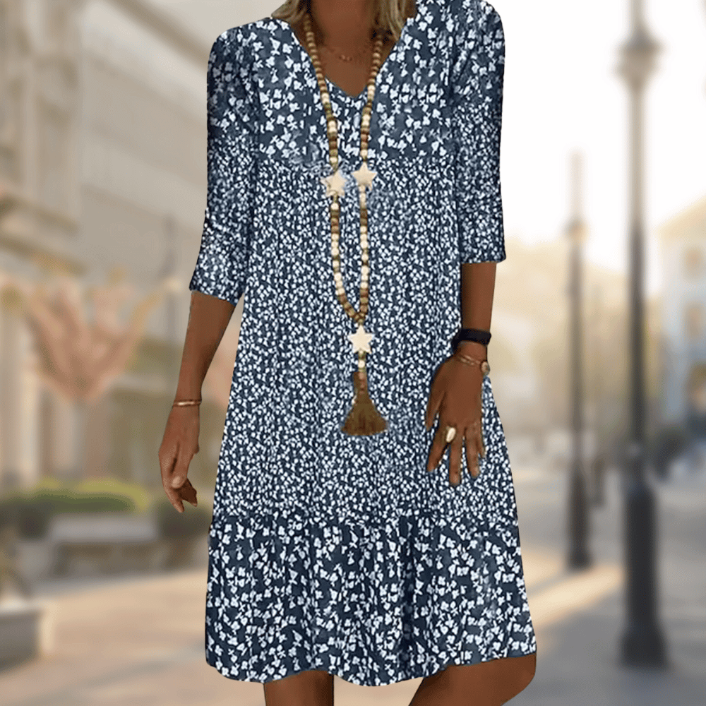 Women blue floral print V-neck short sleeve midi dress with tiered skirt