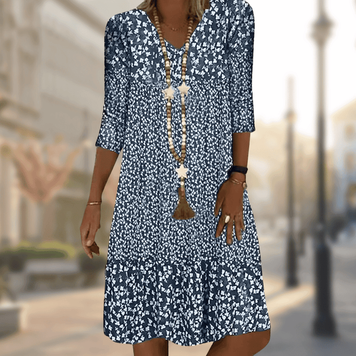 Women blue floral print V-neck short sleeve midi dress with tiered skirt