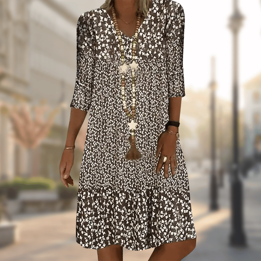 Women brown floral print V-neck short sleeve midi dress with tiered skirt
