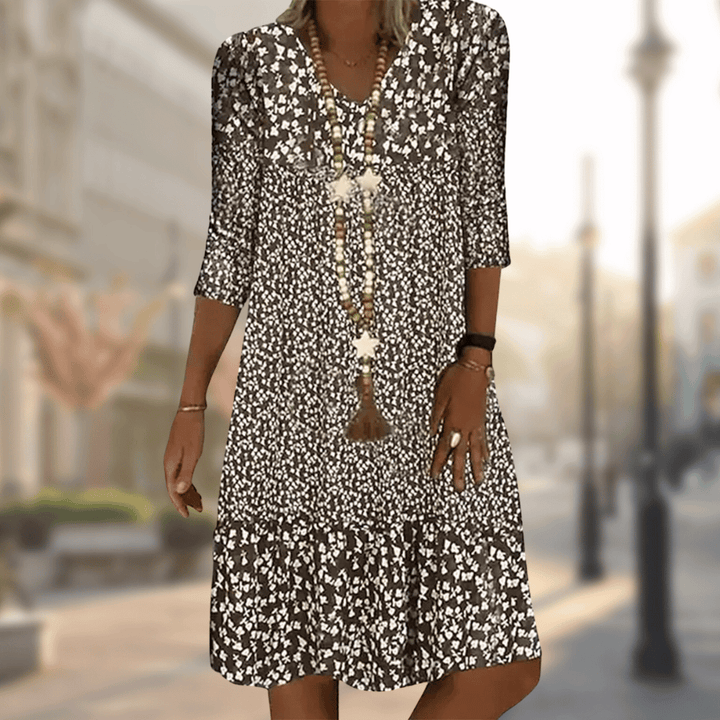 Women brown floral print V-neck short sleeve midi dress with tiered skirt