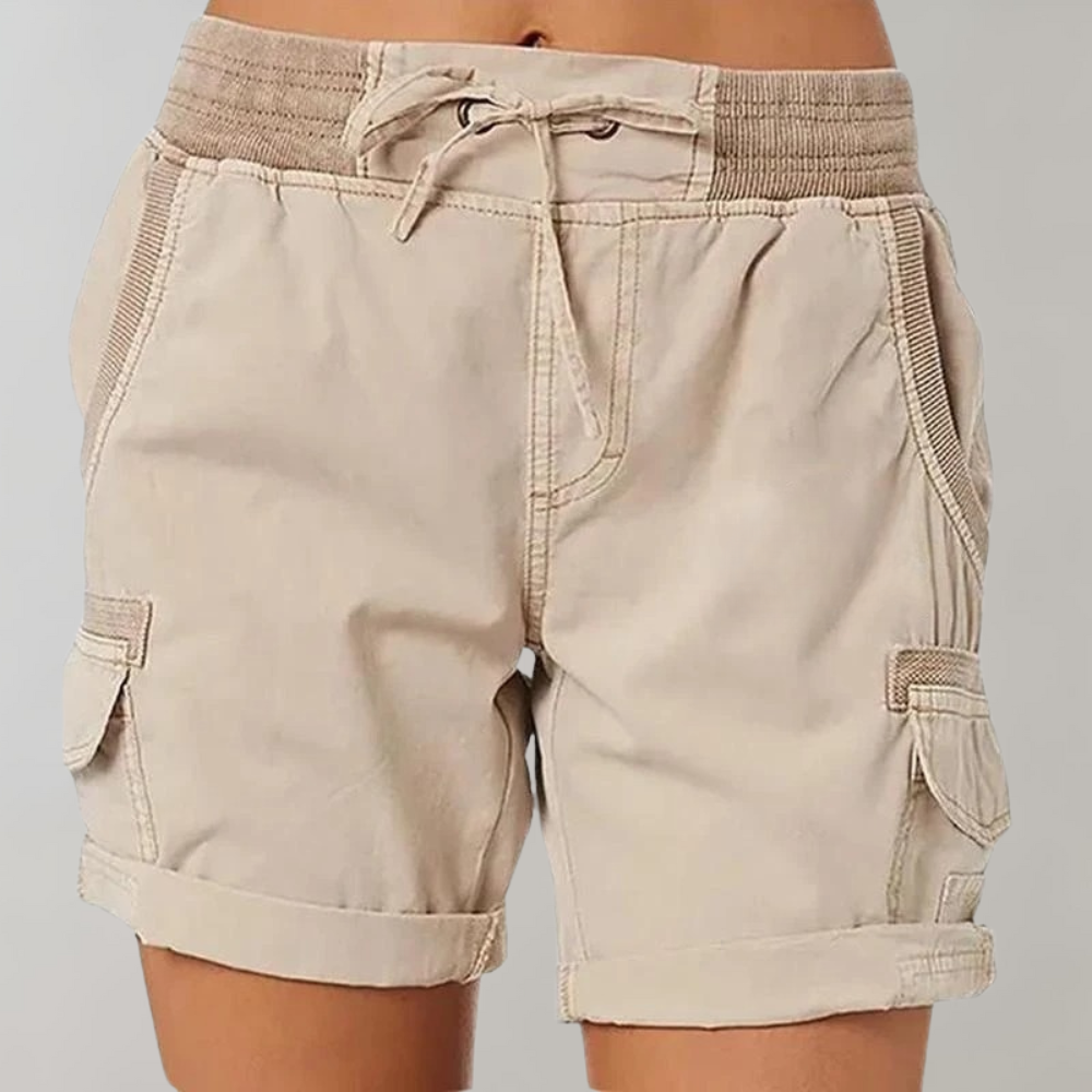 Women beige high waisted drawstring cargo shorts with cuffed hem and side pockets shown front view