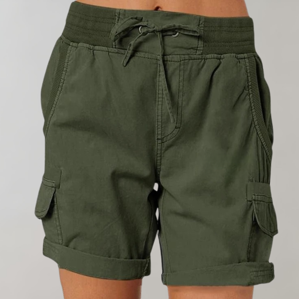 Women olive green high waisted drawstring cargo shorts with cuffed hem and side pockets shown front view