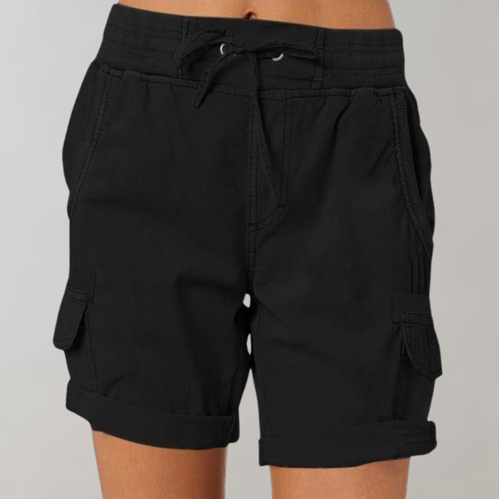 Women black high waisted drawstring cargo shorts with cuffed hem and side pockets shown front view