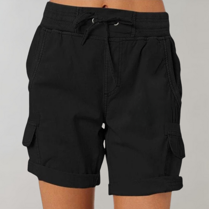 Women black high waisted drawstring cargo shorts with cuffed hem and side pockets shown front view