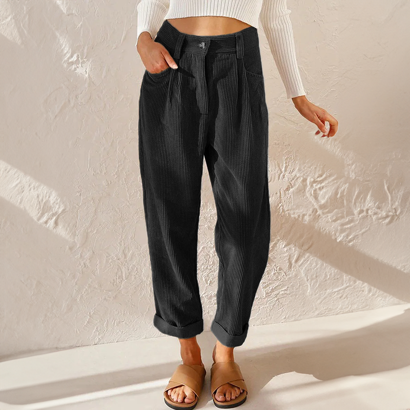 Women black high waisted ribbed pants with wide leg fit, and visible front button