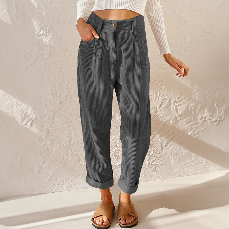 Women grey high-rise wide leg trousers with ribbed texture and front pleat detail
