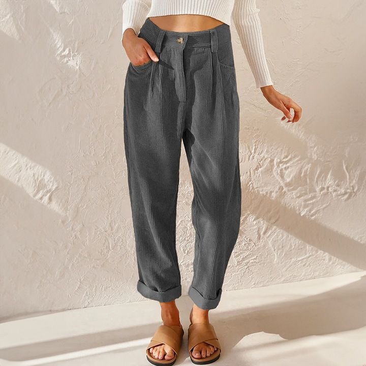 Women grey high-rise wide leg trousers with ribbed texture and front pleat detail