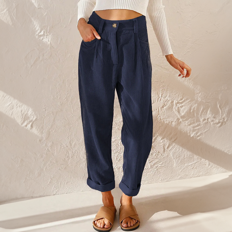 Women navy blue ribbed wide leg pants with high-waist design and cuffed hems