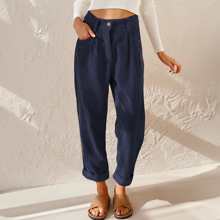 Women navy blue ribbed wide leg pants with high-waist design and cuffed hems