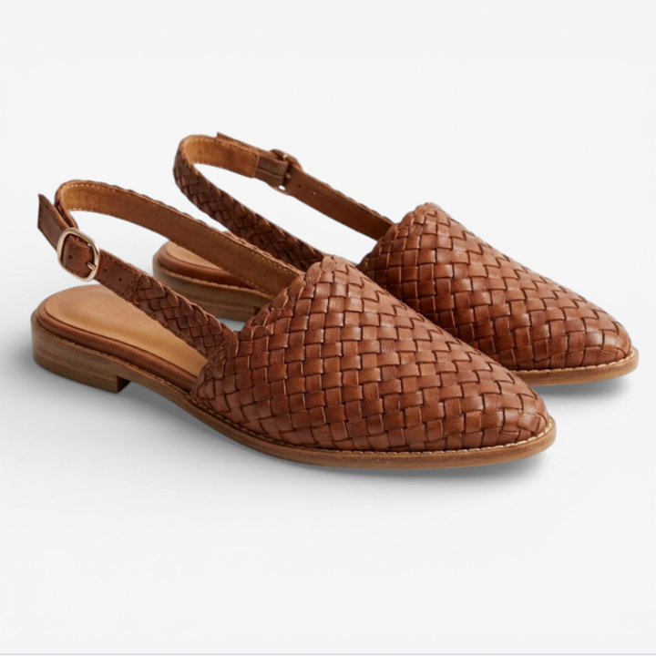 Women's brown woven flat slingback sandals with open toe and buckle strap detail