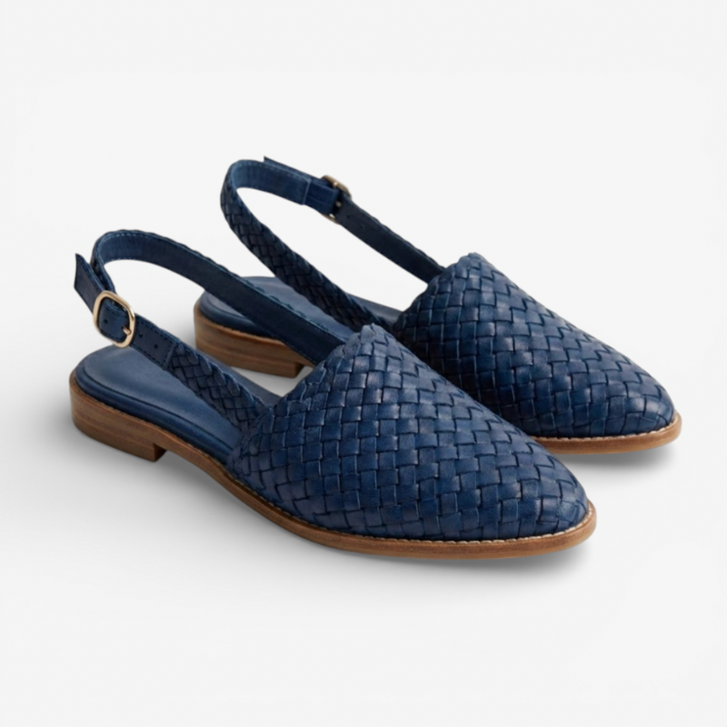 Women's dark blue woven flat slingback open toe sandals with adjustable back strap