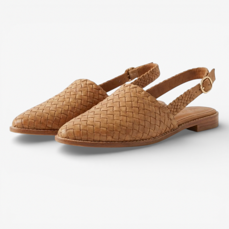 Women's light tan woven flat slingback sandals with pointed open toe and buckle