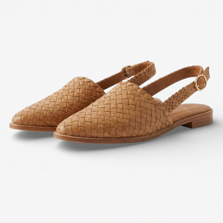 Women's light tan woven flat slingback sandals with pointed open toe and buckle