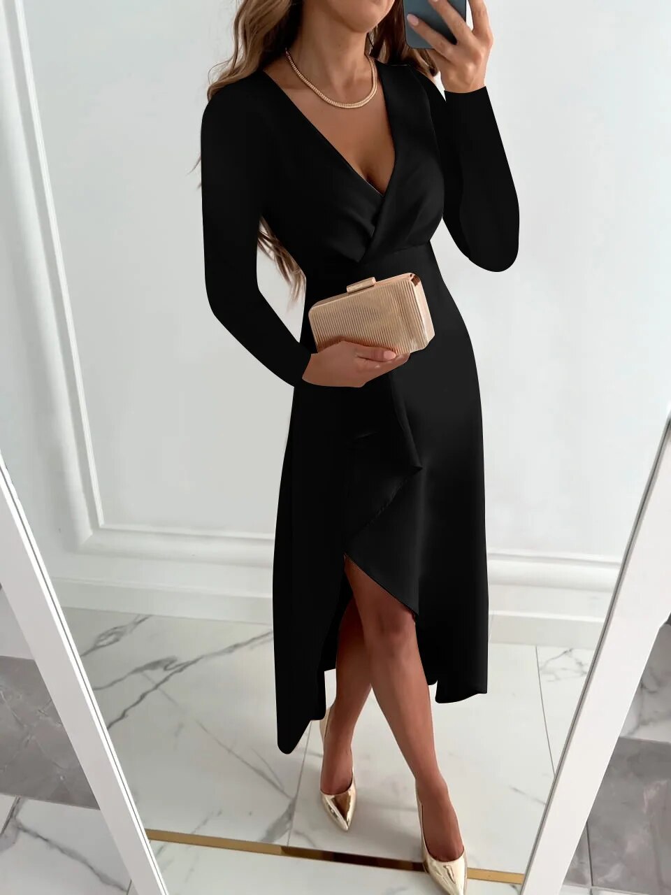Women black long sleeve V-neck midi dress with ruffle slit, front view, holding clutch