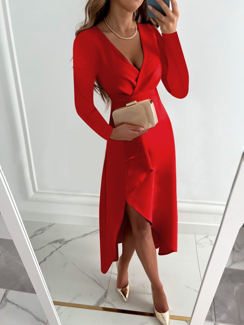 Women red long sleeve V-neck midi dress with ruffle slit, front view, holding clutch