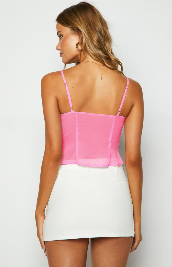 Women pink frill front tie crop top with squared back and thin straps, rear view