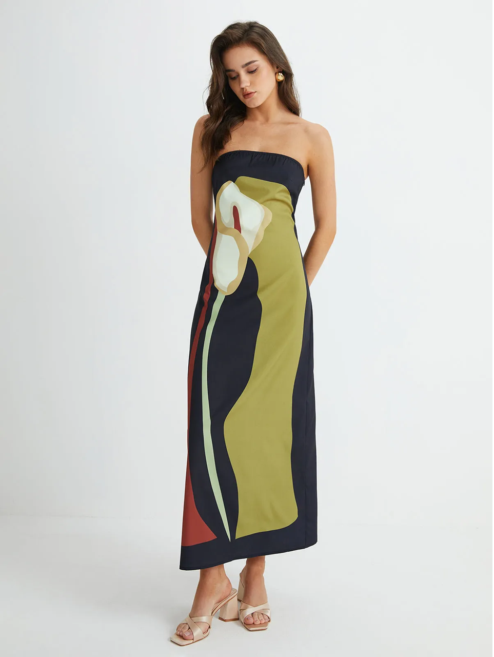 Women strapless floral print maxi dress in black and olive green, straight full body view