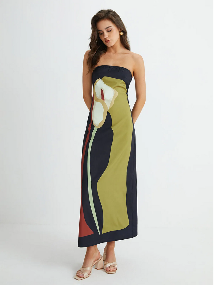 Women strapless floral print maxi dress in black and olive green, straight full body view