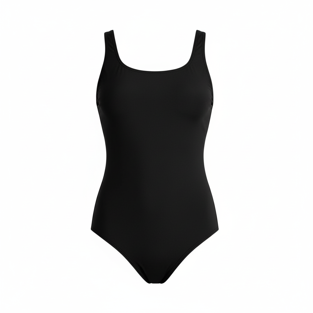 Women black solid one-piece swimsuit with scoop neckline on white background