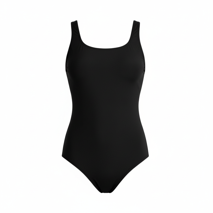 Women black solid one-piece swimsuit with scoop neckline on white background