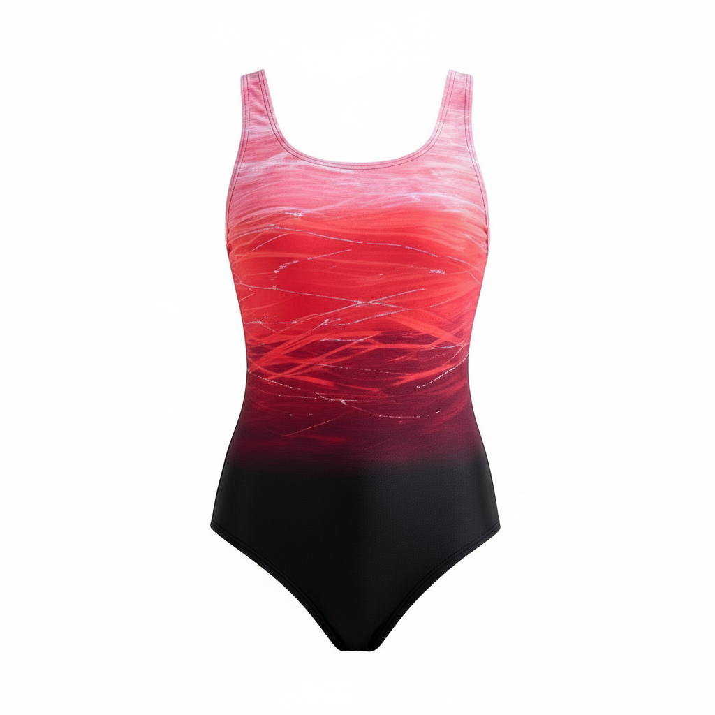 Women red ombre print one-piece swimsuit with scoop neckline on white background
