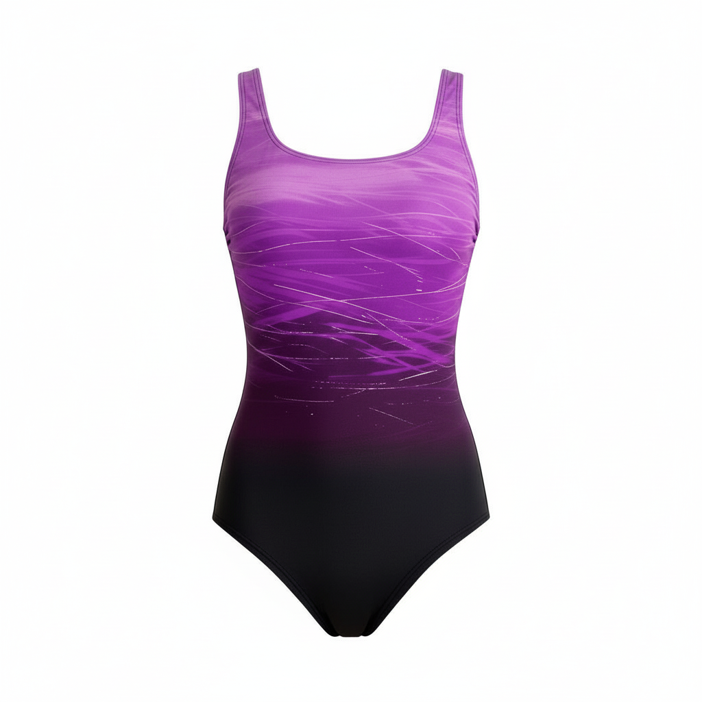 Women purple ombre print one-piece swimsuit with scoop neckline on white background