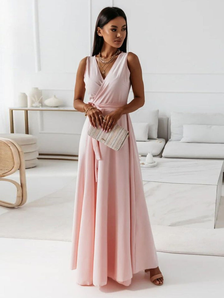 Women light pink sleeveless V-neck wrap maxi dress with tie belt, front view