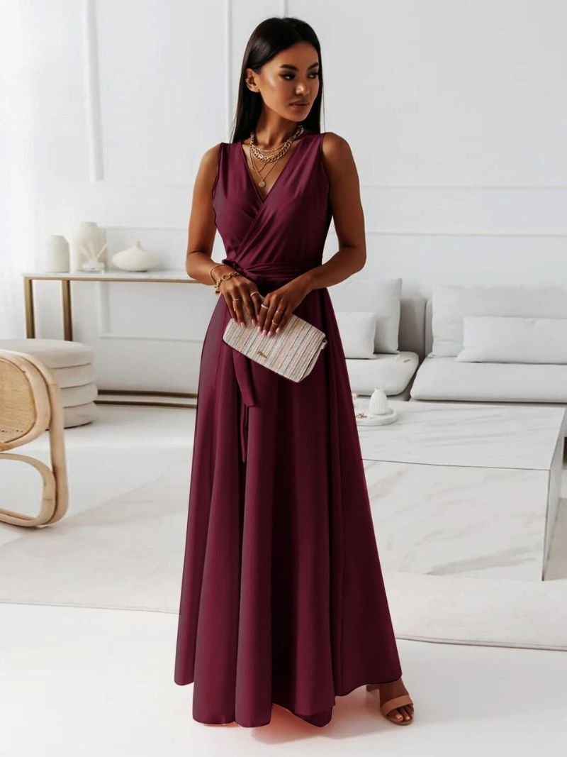 Women burgundy V-neck sleeveless maxi dress with wrap-style waist and tie