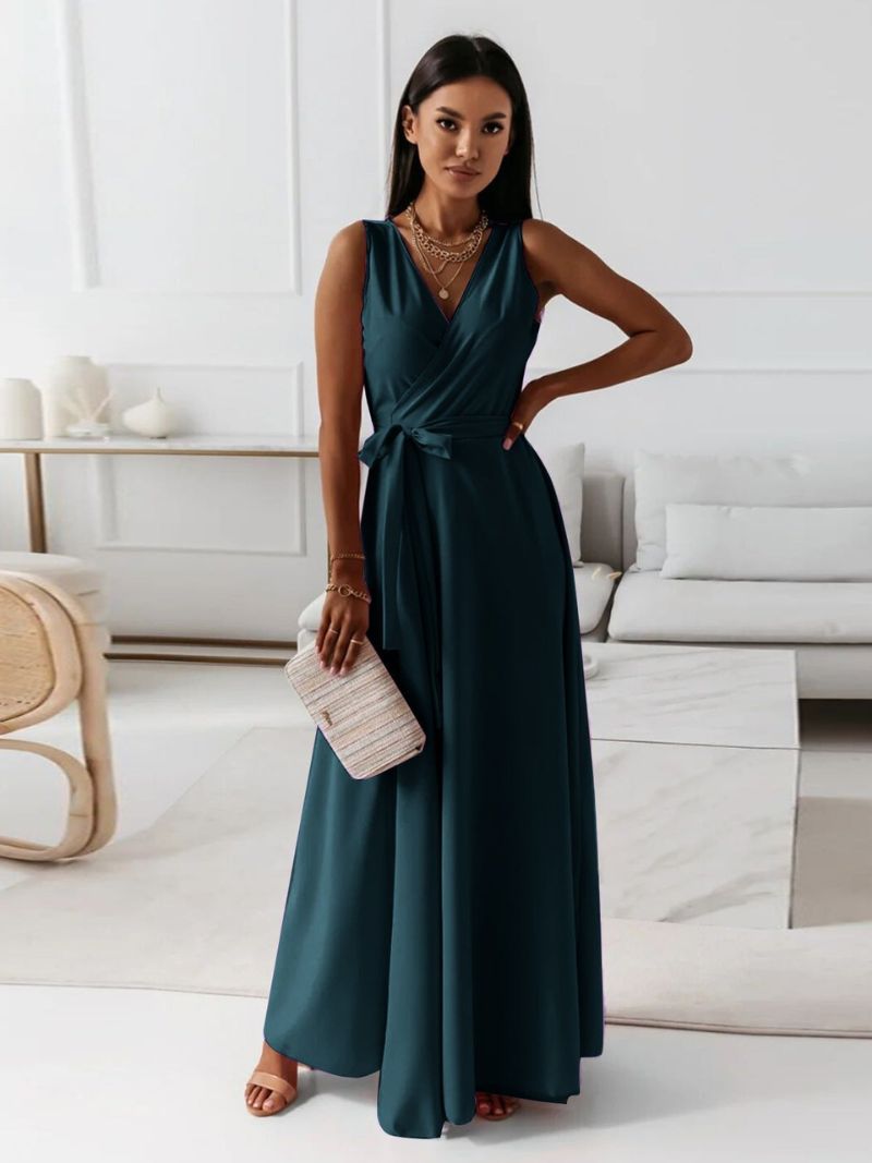 Women dark teal sleeveless wrap maxi dress with V-neckline and thin tie belt