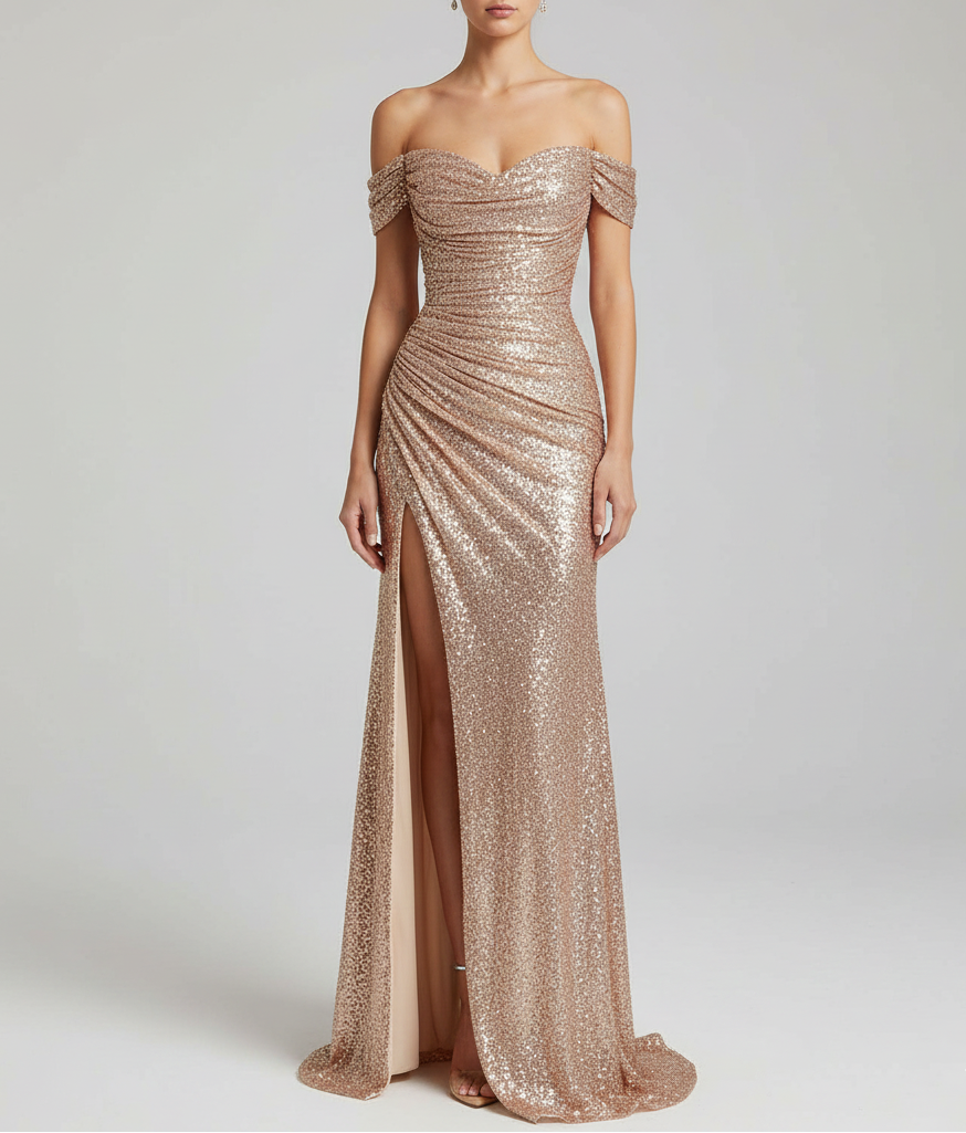 Women Summer Off-Shoulder Sequin Split Detail Maxi Dress