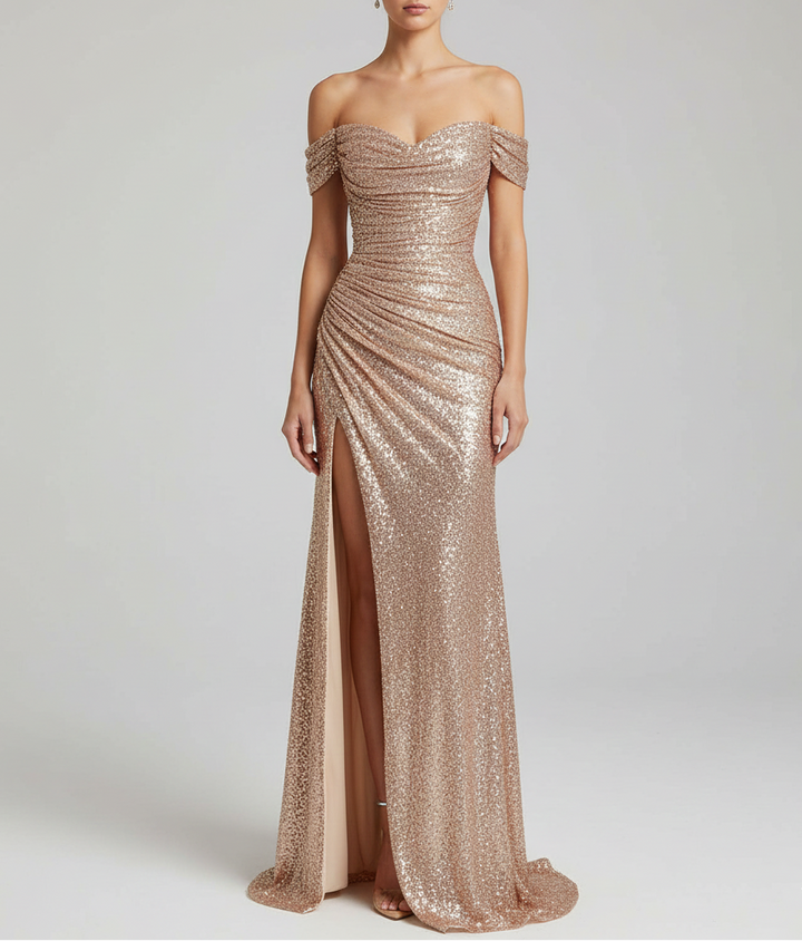 Women Summer Off-Shoulder Sequin Split Detail Maxi Dress