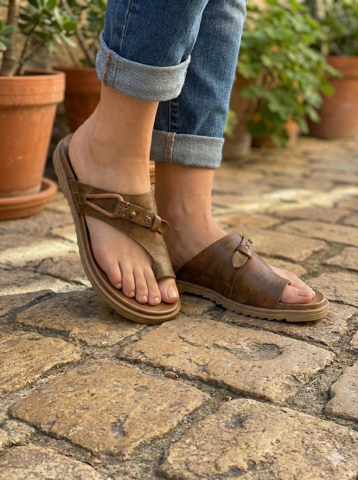 Close-up of women's brown toe loop flat sandals on a stone ground, showing the braided strap.