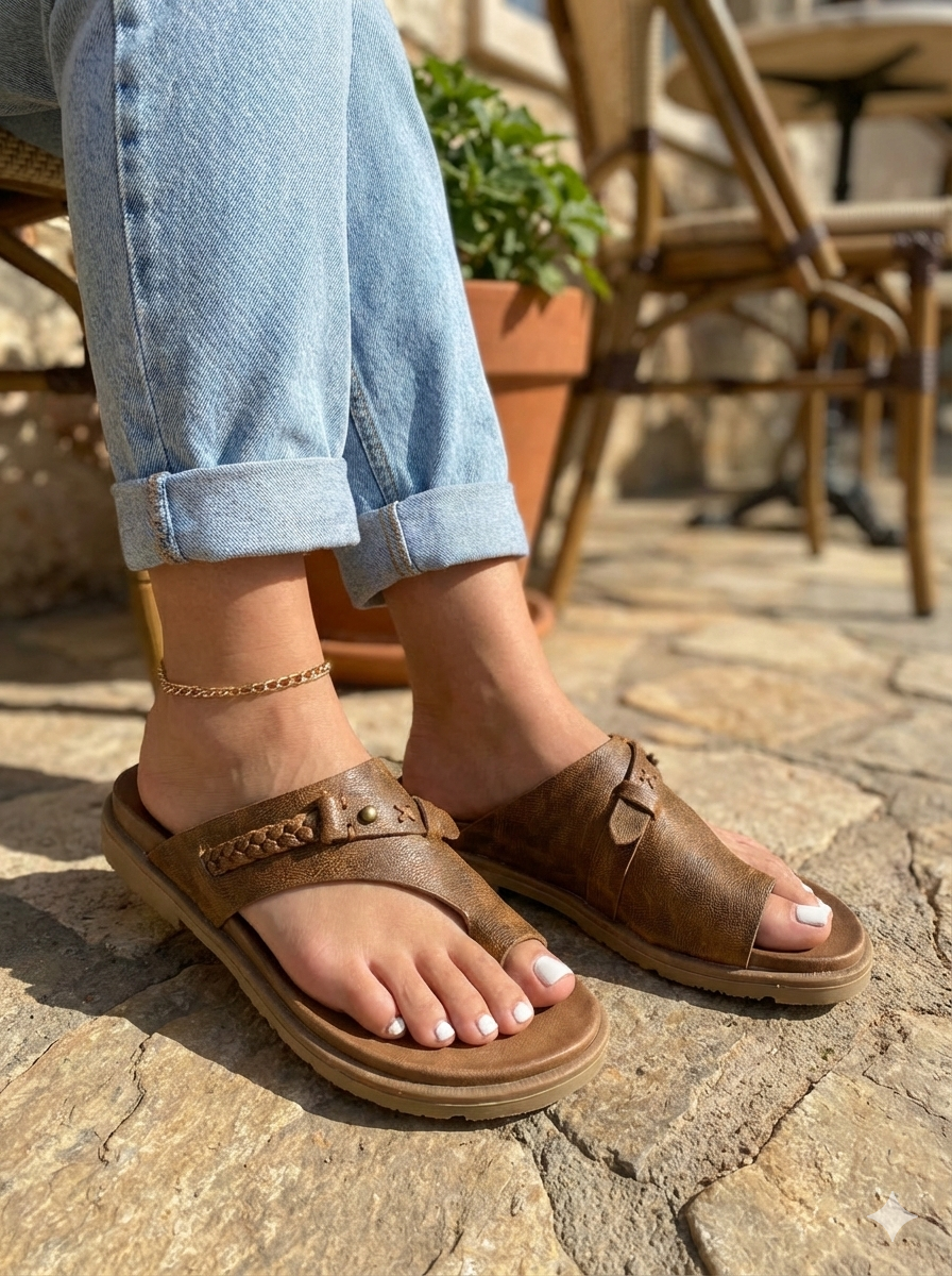 Women's brown toe loop flat sandals worn with rolled-up jeans, outdoors on a stone patio.