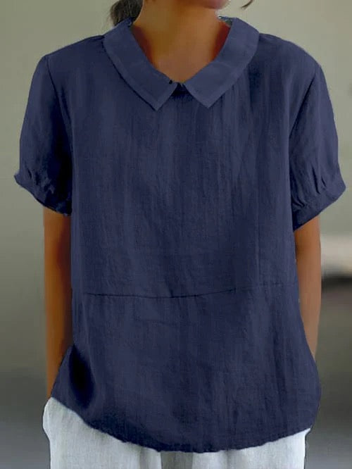 Women navy blue short sleeve cotton blouse with rounded collar detail and relaxed fit